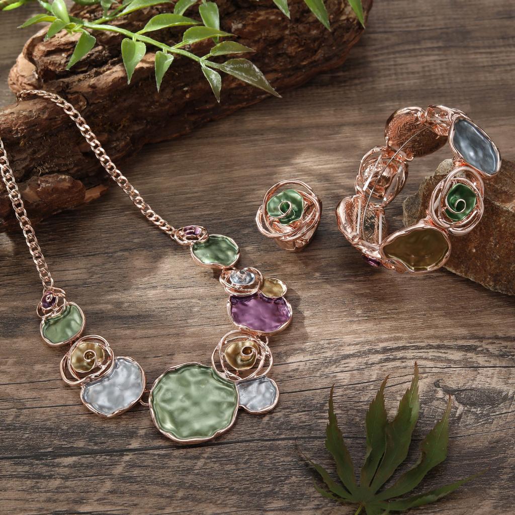 Color painting oil rose ring bracelet necklace set women's banquet high-end jewelry set