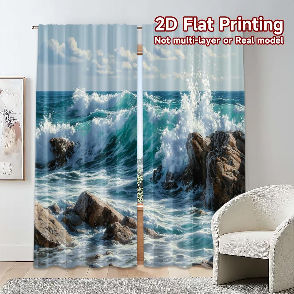 2pcs, 2D FLAT PRINTING Curtains (Without Rod) Ocean Clash Chic Curtains Prints Light Filtering Curtains Room Decor Perfect for