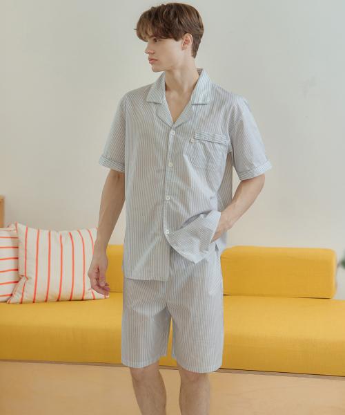 [May Flower] Grey Stripe Short-sleeve Pure Cotton Men's Plus Size Pajama Set [Shipped from Korea] 100% Authentic