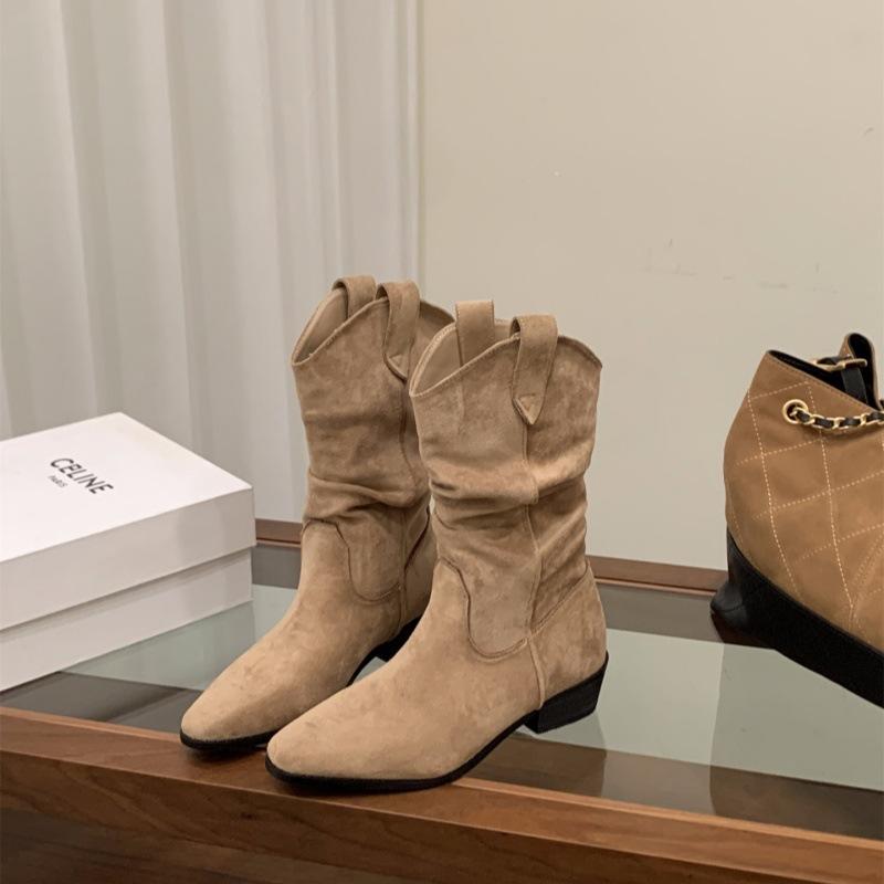 Coarse Heel Khaki Suede Stacking Boots Medium Tube Knight Boots Women's Boots 2025 Autumn and Winter Pointed Head~ V Mouth Thin Boots