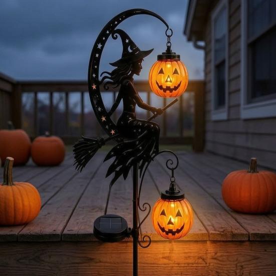 Decorative Metal Yard Stakes Solar Halloween Garden Stake Light, Auto On/Off Crescent Moon Black Cat with Hanging Waterproof Wrought Iron
