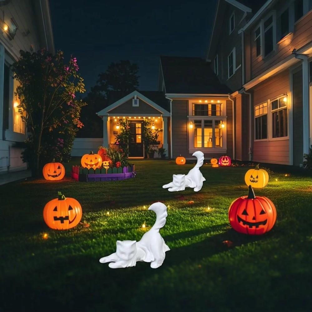 White Stretching Cat Figurine Glow in The Dark Cat Resin Sculpture  Party Decoration