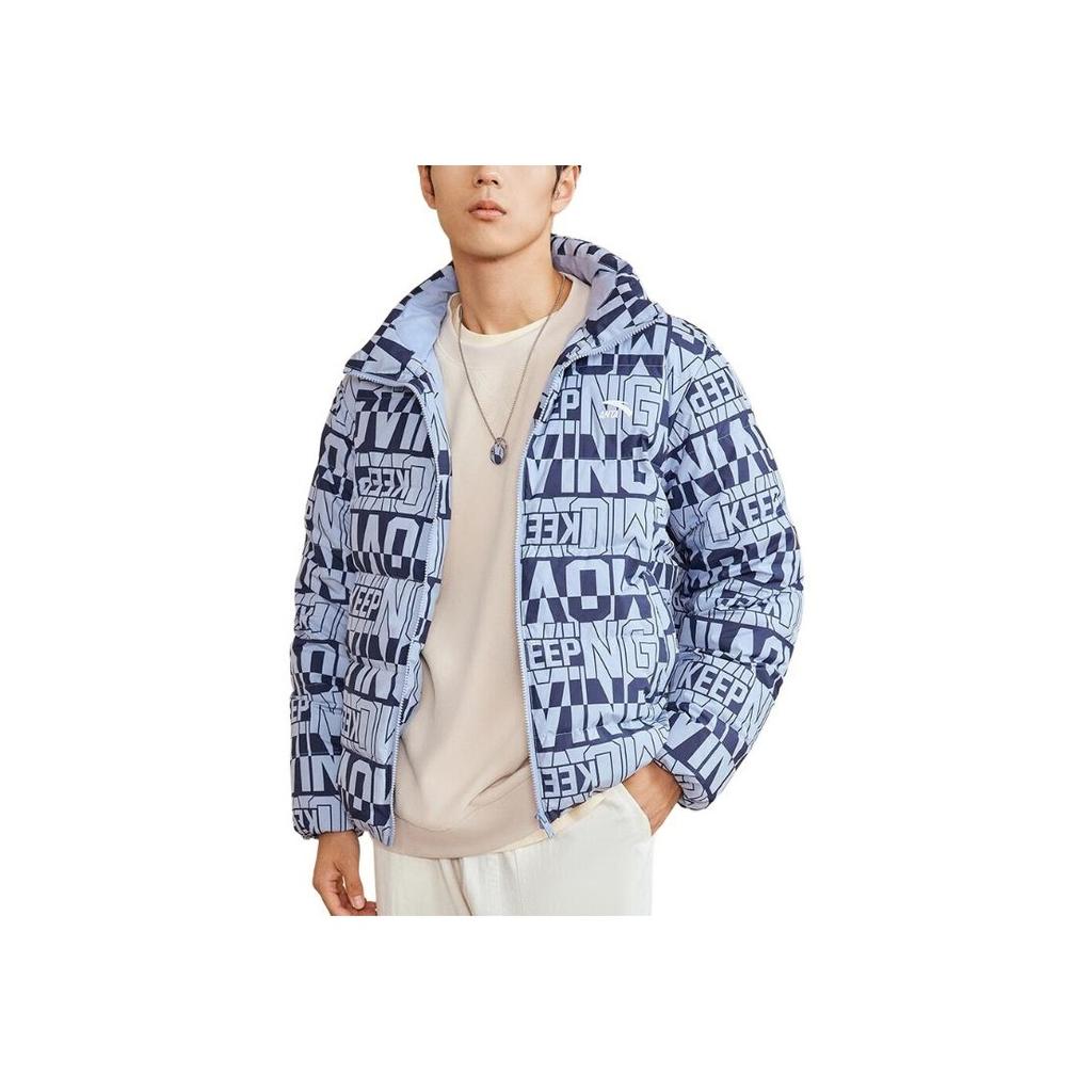 Anta Full Print Logo Stand Collar Zip Down Jacket Men Outerwear Blue 152248909-2