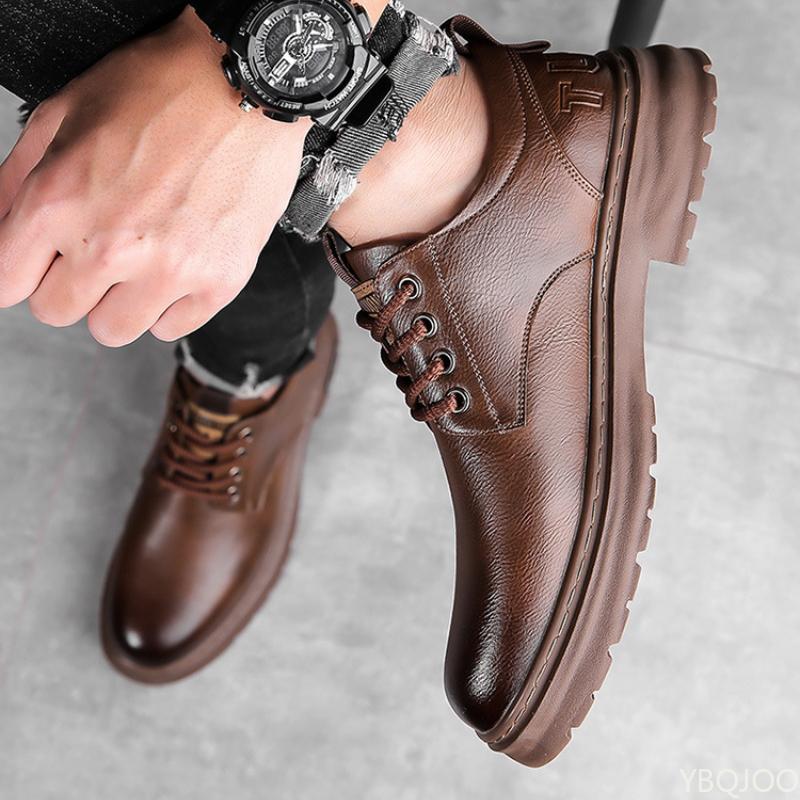 Retro New Men'S Leather Shoes Handmade Business Casual Workwear Men Shoes Solid Color Lace Up Soft Sole Breathable Sports Shoes