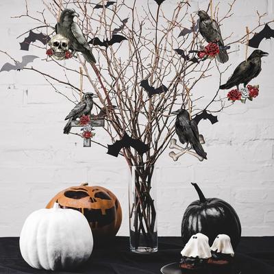 12pcs Wooden Crow Pendants Halloween Party Decoration Black Crow Hanging Wood Sign Ghost Festival Skull Crow Hanging Ornaments