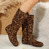Fashion Sexy Leopard Print Mid Calf Boots for Women Autumn Winter Side Zipper Fashion Boots Woman Comfortable Flat Pleated Botas Mujer