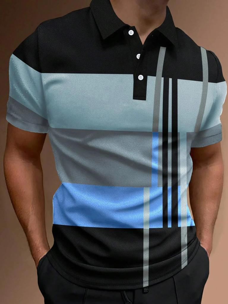 Geometric Striped Short Sleeve Polo Shirt, Stylish Casual Top