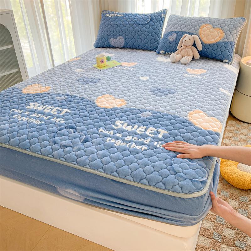 Verdickte Baumwoll-Bettmütze Einzelbettbezug Korallenvlies Milchvlies Wintermatratze Rutschfester Schutzbezug