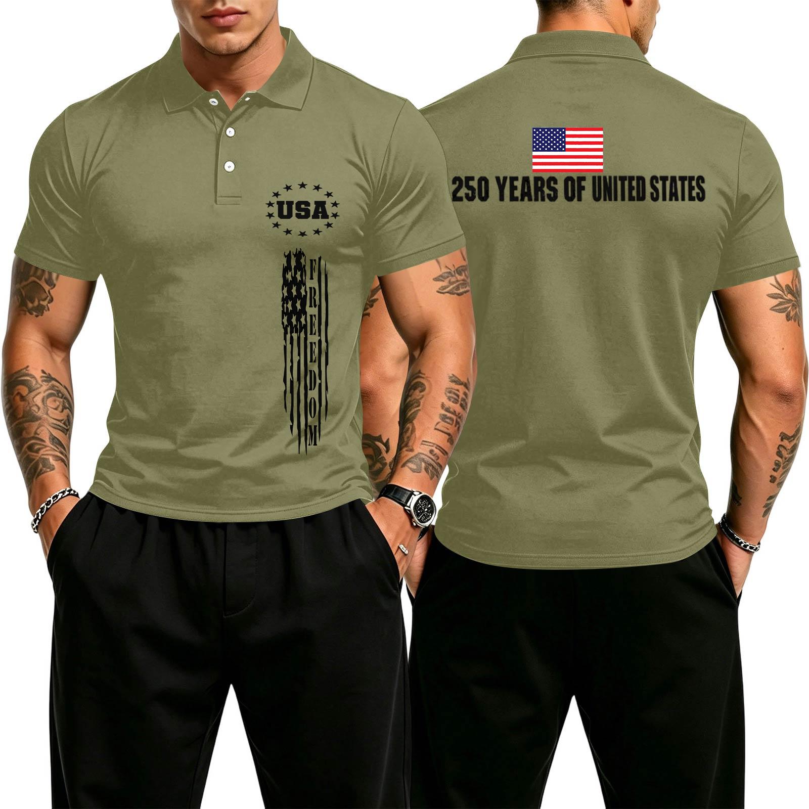 

Men s Casual Gradient Polo Shirt Short Sleeve Button Down Collar Lightweight Breathable Fabric USA Print Design L армия зеленый