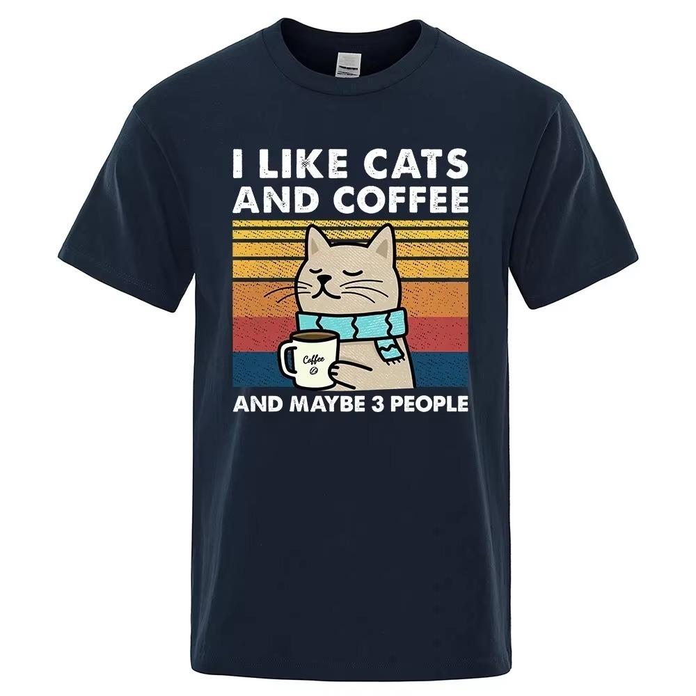 I Like Cats And Coffee Street Funny T-Shirt For Men Fashion Casual Loose Cotton Clothing Breathable Unisex Tshirt Hip Hop Tees