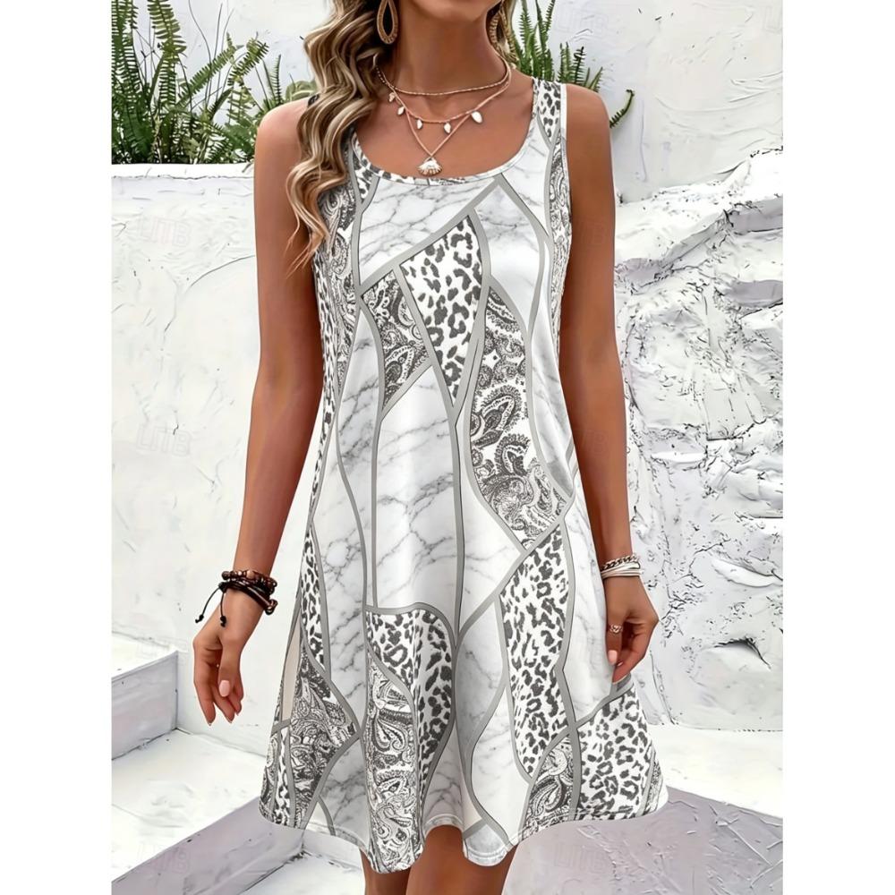 Women's Round Neck Sleeveless Camo & Tiger Print Mini Dress, Casual A-Line Dresses for Spring & Summer