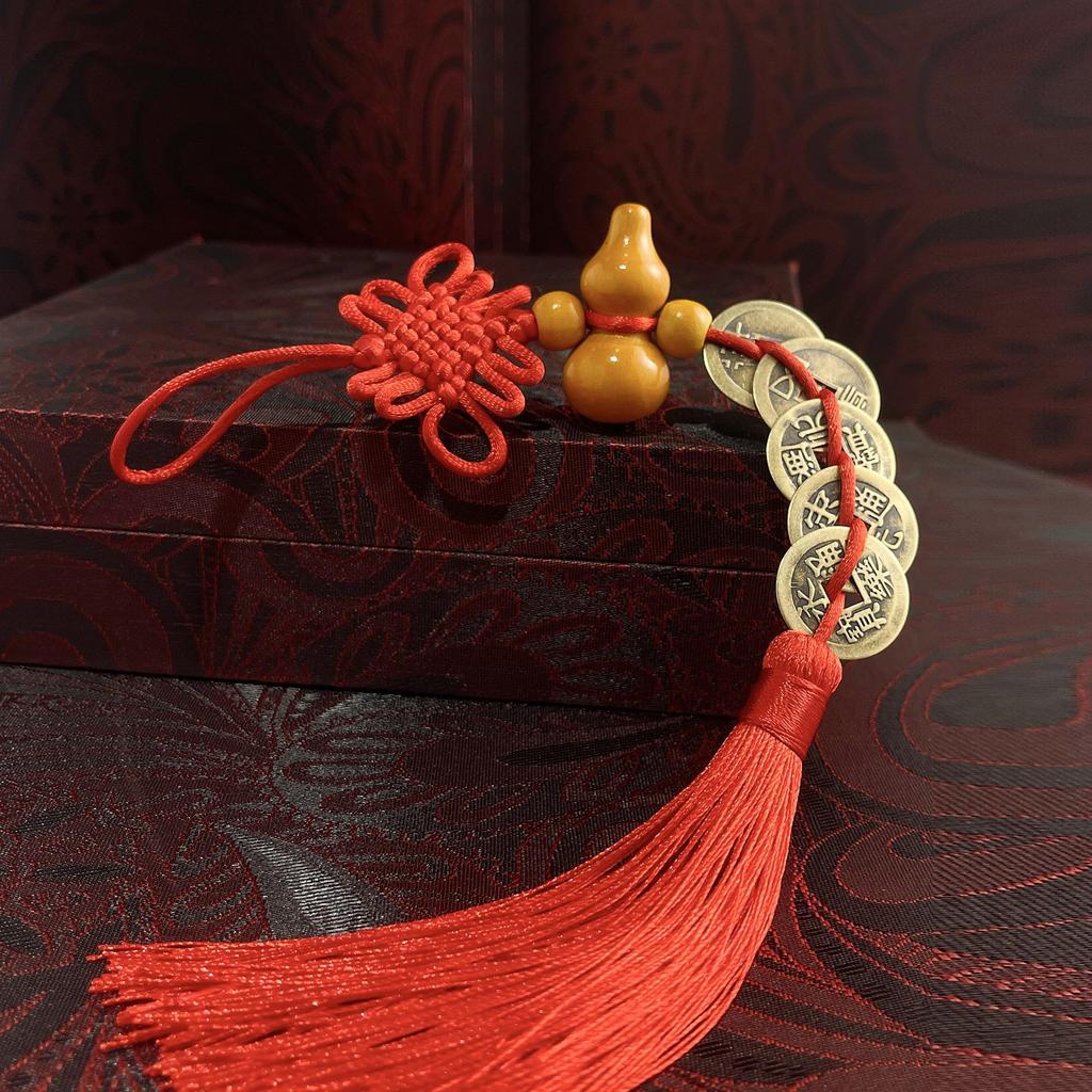 Copper Gourd Pendant with Chinese Emperor Coins, Gold Edges & Knot, Red Tassel for Home Decor