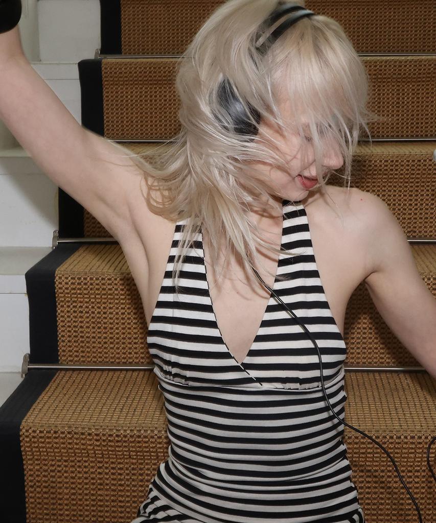 Crank Low Back Striped Halter Dress_Black