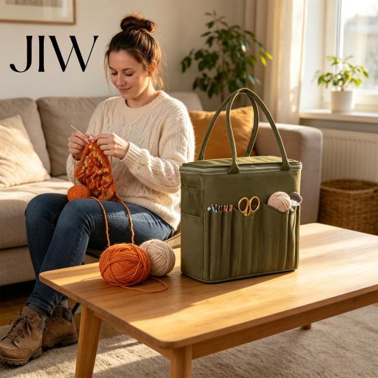 Portable Sewing Kit Holder Canvas Knitting Bag, with Multiple Pockets And Yarn Holes, Storage Organizer for Large Capacity Crochet Organizer,