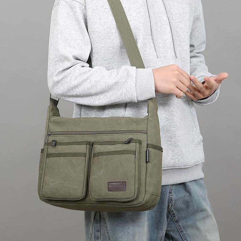 Men's Large Capacity Crossbody Bag Commuter Shoulder Bag Multi-Pocket Canvas Bag