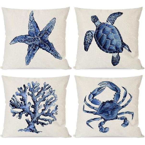 PANDICORN Sea Life Coastal Throw Pillow Covers 18x18 Inch Starfish Turtle Crab Coral Indigo Blue Summer Beach Ocean Nautical Outdoor Decorations