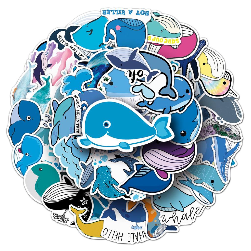 50PCS Cute Whale Stickers - Marine Life DIY Color Painting for Water Bottles and Mochi Decoration