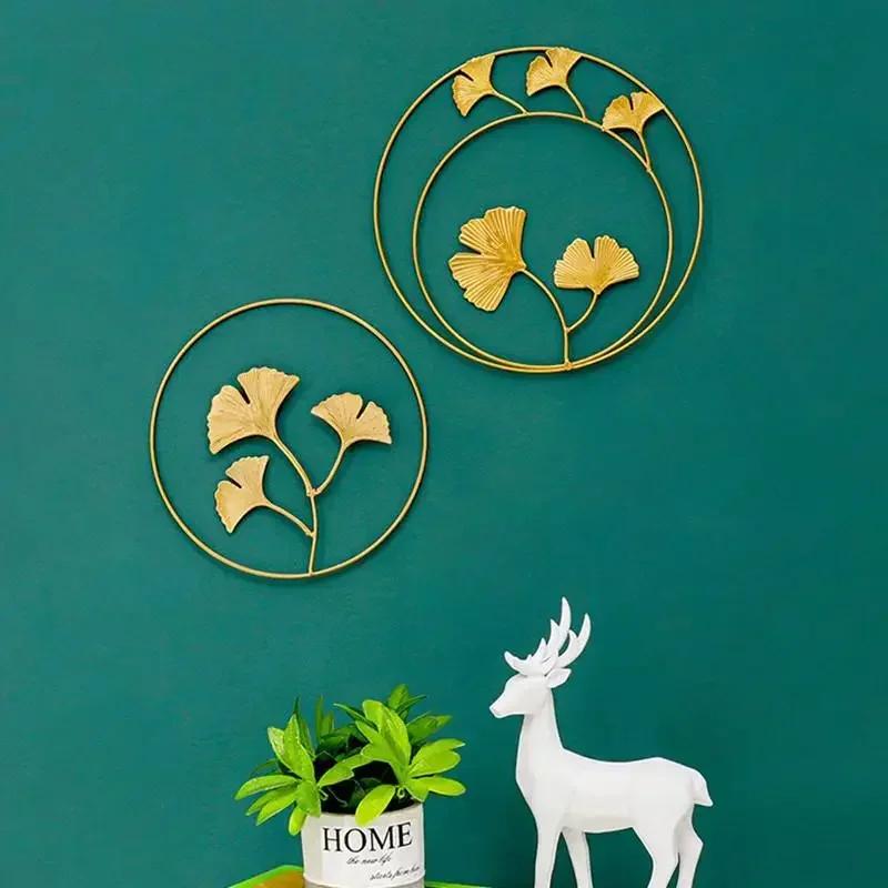 Creative Fashion Nordic 24cm Iron Wall Hanging Ornament Gold Picture Frame Ginkgo Leaf Palm Tree Wall Background Decor Room Home
