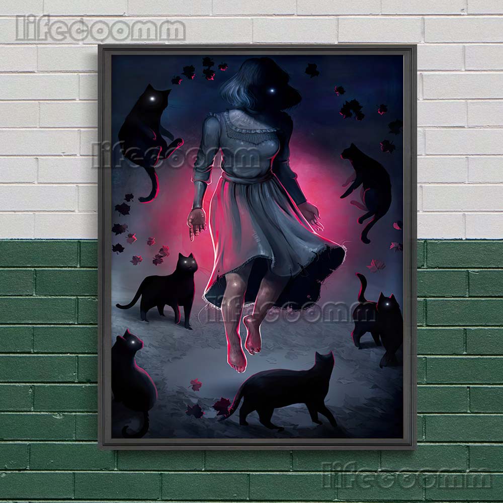 Surreal Art Print Deer Girl And Jelly Fish Mermaid Gothic Wall Art Canvas Painting Witch With Cat Poster Print Home Decoration (with Frame)