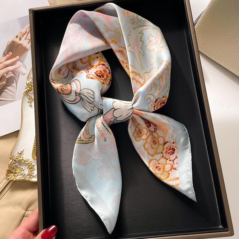 New Muslim Hijab Luxury Brand Women Silk Scarf Hair Scarves 70cm Square Floral Print Headscarf Summer Shawl Headband