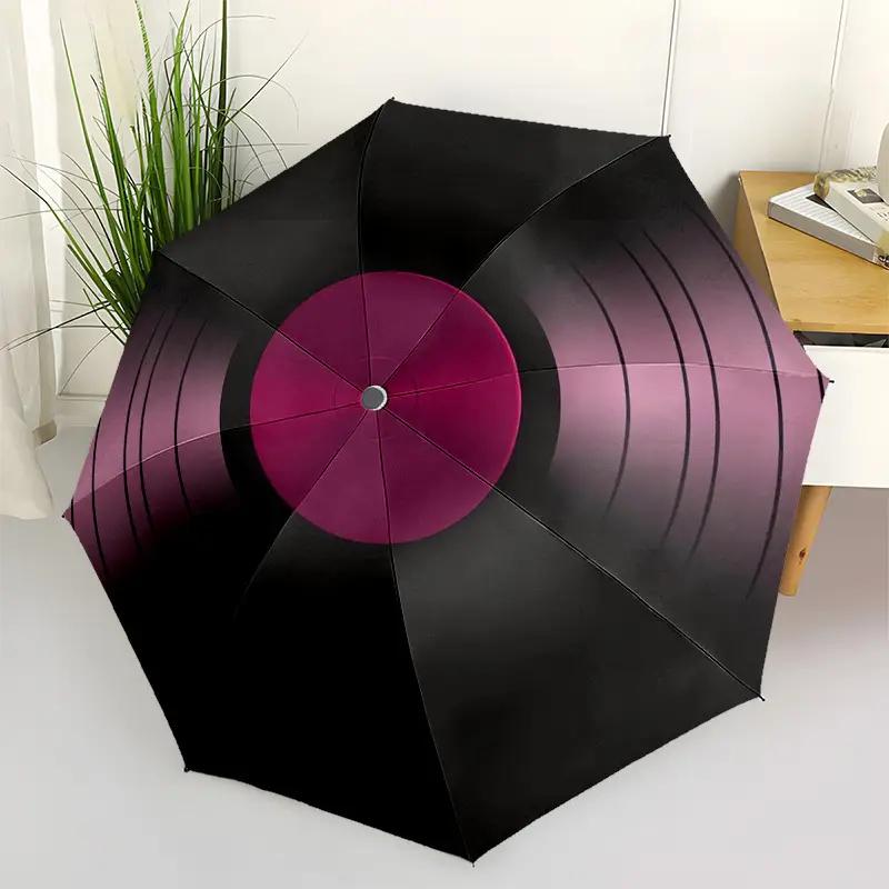 8-Rib Reinforced Automatic Open/Close Vinyl Record Umbrella - Lightweight Durable Compact Folding Beach Umbrella with Vibrant