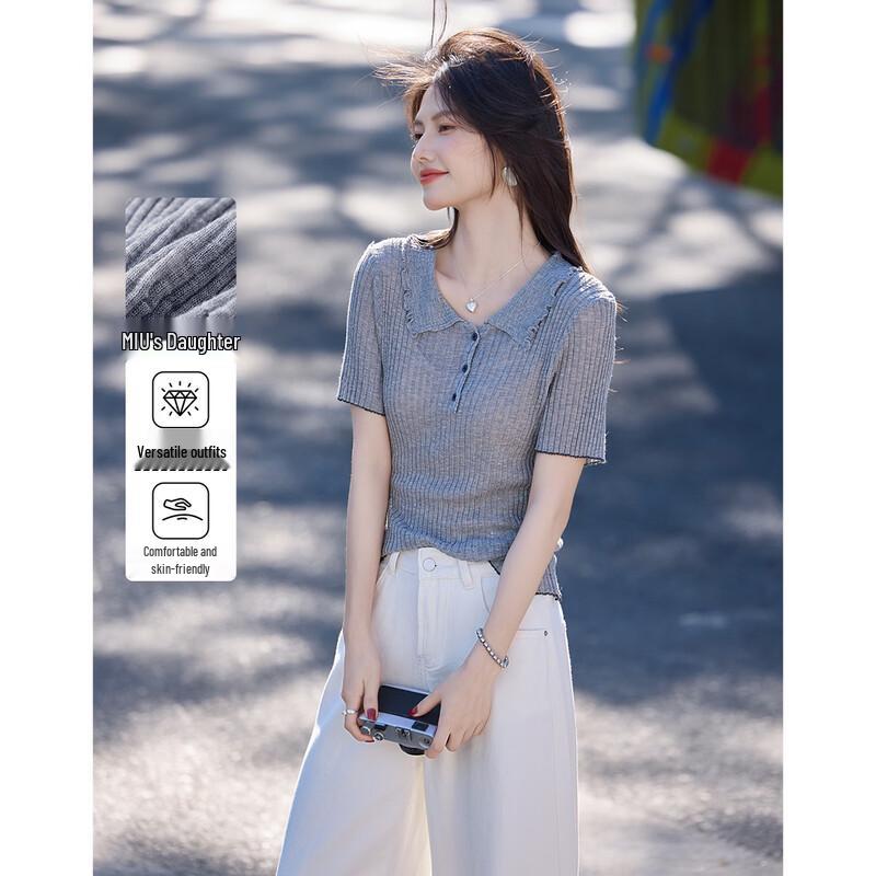 Women s Elegant Knitted Short Sleeve Lapel Top M