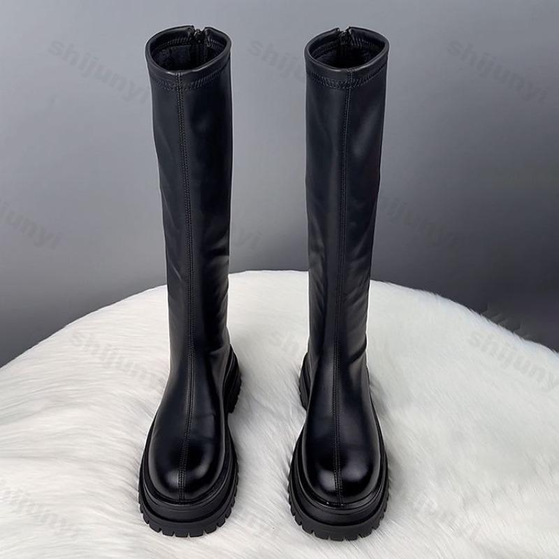 Zimowe Damskie Buty Rycerki Wysokie Modne Zamki z Tyłu Eleganckie Damskie Buty na Platformie Płaskie Długie Buty Krótkie Pluszowe Obuwie Damskie