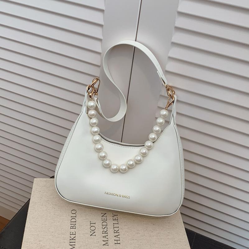 Pink Soft Leather Hobo Shoulder Bag For Women Elegant Style Underarm Bag With Pearl Decorated Chain And Wide Strap For Daily Use
