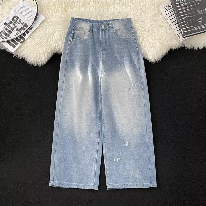 JYL Couples Jeans Vintage Whisker Washed Button Loose Flared Denim Pants S
