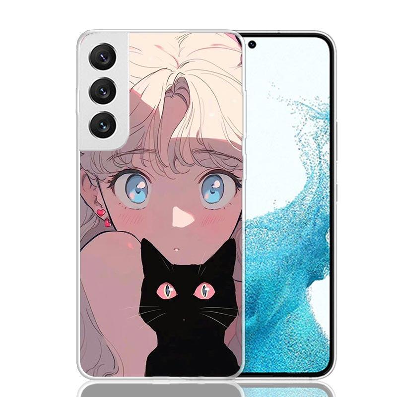 Anime Girls Cute Black Cat Phone Case For Samsung Galaxy S26 Ultra S23 S24 S25 Edge S20 FE S21 S22 Plus Soft Print Shell Cover F