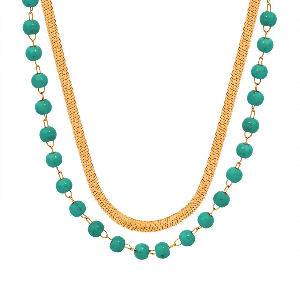 European & American Titanium Steel Geometric Turquoise Double-Layer Clavicle Chain Necklace for Women - Fashionable & Versatile Design
