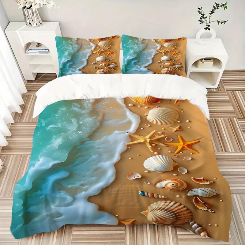 3pcs Beach Themed Seashell Starfish Shellfish Ocean Wave Coastal Decorative Bedding Set, Bedroom or Guest Room, Festive Gift, Anime Cartoon Design