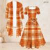 Women Plus Size Abstract Printed Two Piece Set Square Neck Short Sleeve Tie Waist Flared Dress And Long Sleeve Cardigan