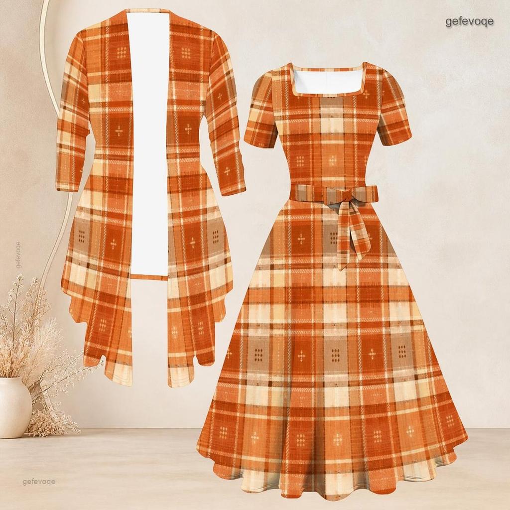 Women Plus Size Abstract Printed Two Piece Set Square Neck Short Sleeve Tie Waist Flared Dress And Long Sleeve Cardigan