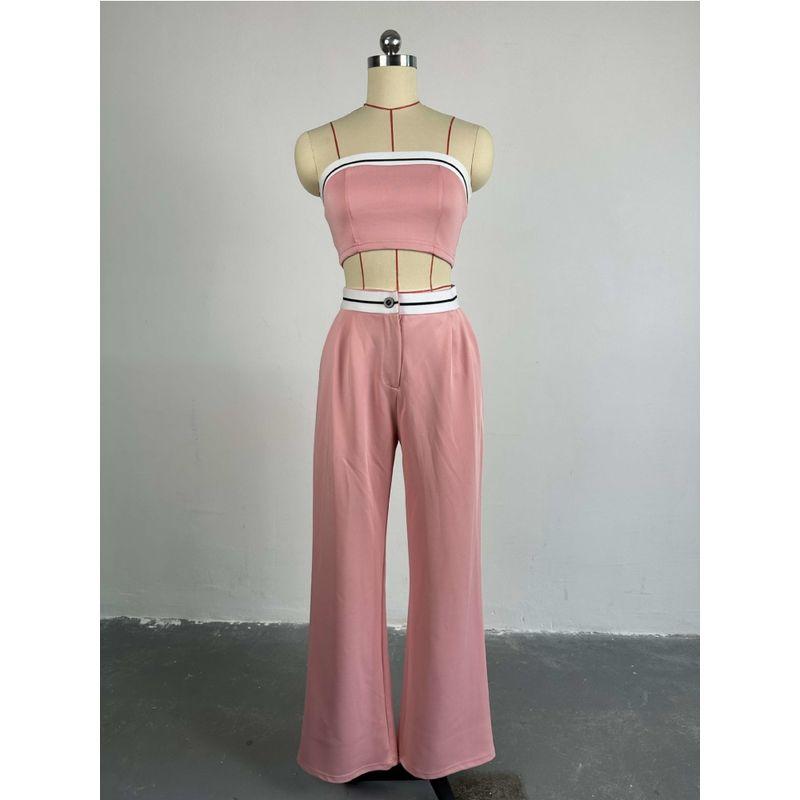 

Casual Contrast Color Wide Leg Height Pants Suit Tube Top Pink(Real shot to be updated) S