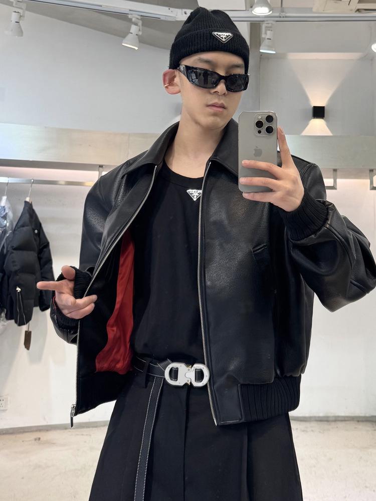 Men's Retro Hip-Hop PU Leather Motorcycle Jacket - Turn-Down Collar, Autumn Style, Loose Fit, Handsome Design.