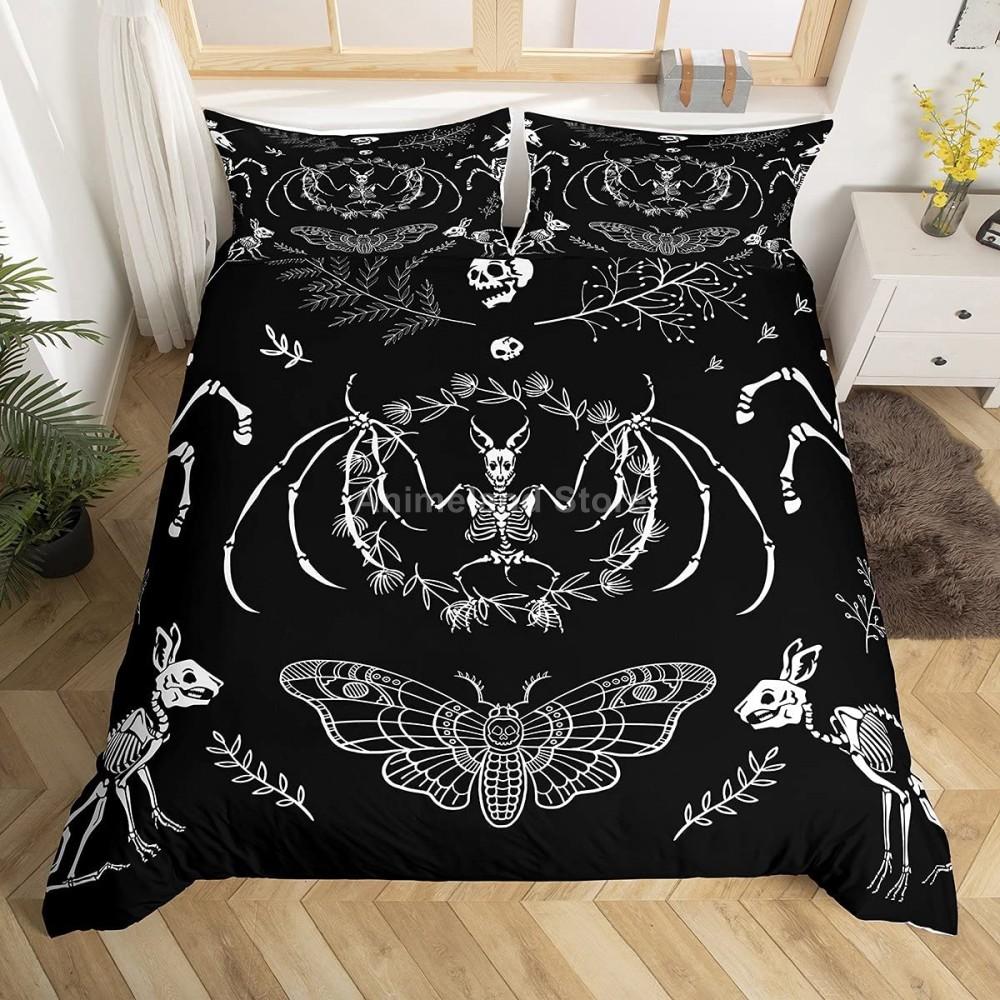 Gothic Skull Duvet Cover Set, Death Moth And Flowers Comforter Cover King Personalized Skeleton Bones Bedding Sets Black Cream