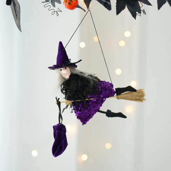 Halloween Hanging Witch Decor Hangable Witch Doll Ornament Small Flying Witch Figurine On A Broom for Garden Yard Haunted House Halloween Decor