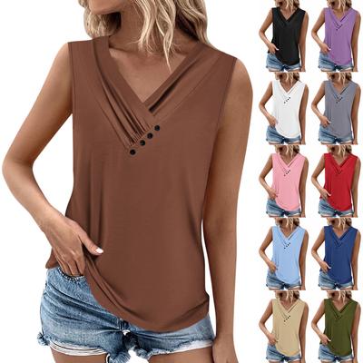 Summer Womens Tank Tops V Neck Casual Printed Sleeveless Shirts Casual Loose Fit Pleated Tshirts Tees Ladies Blouse