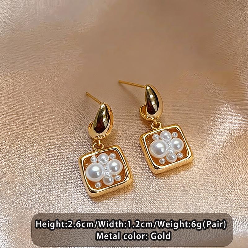 

2026 New Elegant Pearl Block Pendant Gold Color Metal Waterdrop Earrings Trendy Jewelry Fashion Accessory for Women and Girl