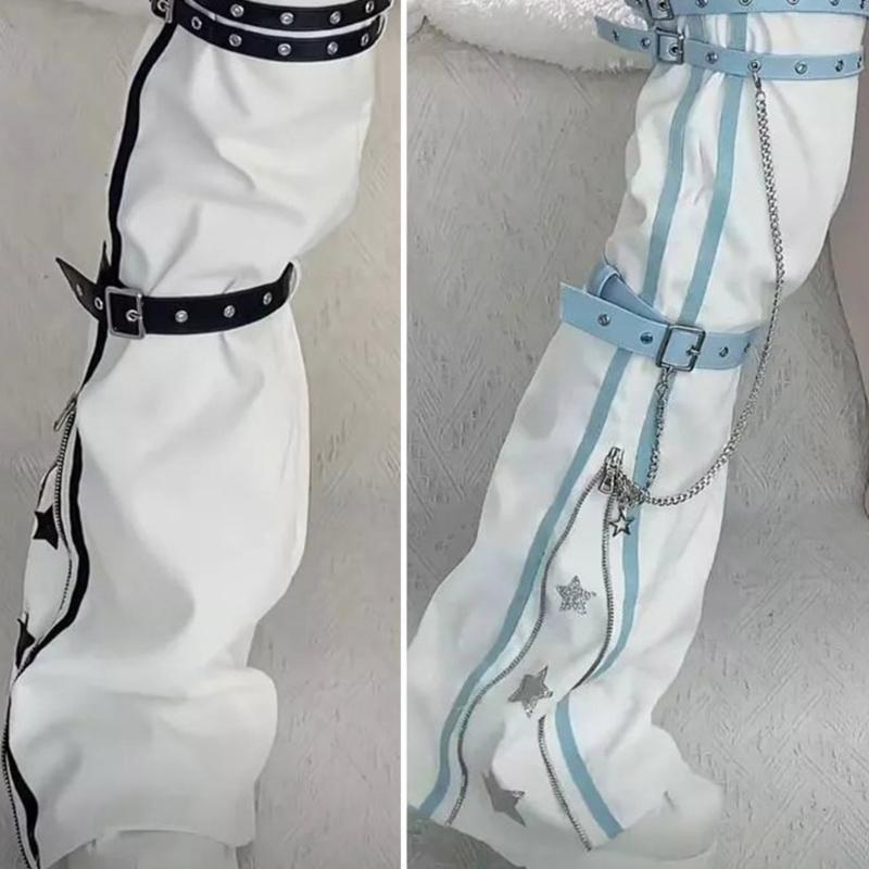 Damen Harajuku Sternenprint Reißverschluss Ausgestellter Beinwärmer Ästhetische Mode Punk PU Geschirrriemen Beinabdeckung Oberschenkelhohe Socken