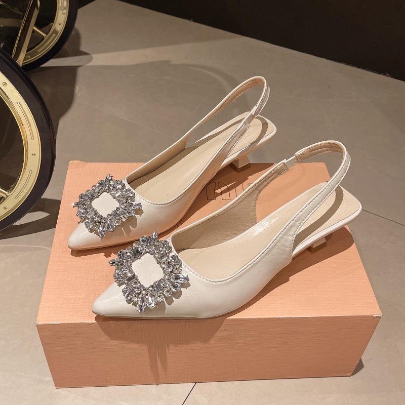 2024 New Women's Shoes Pointed Toe Shallow Nude Pink Diamond Shoes Solid Slingbacks Fashion Women Dress Shoes Party Sandals