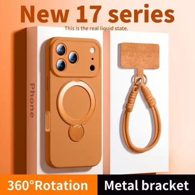 Liquid Silicone Bracket Magnetic Case For iPhone 17 16 15 14 13 Pro Max Air Magsafe With Hanging Rope Anti Fall Protective Cover