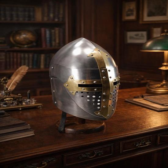 Medieval Crusader Helmet with Brass Cross Steel Knight Helmet Wearable LARP Cosplay SCA