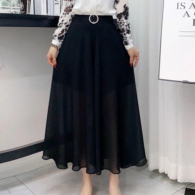 Black Skirt Women's Summer Dress Mid-length Culottes Pleated High Waist Eight-point Wide-leg Pants Skirt