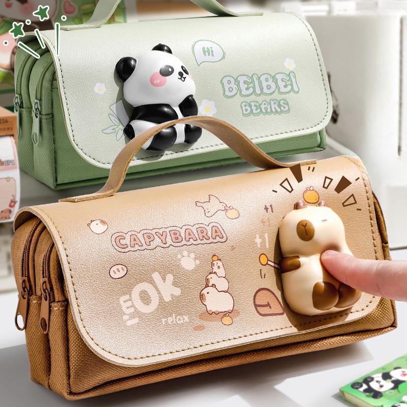 Capybara Large Capacity Pencil Case with Stress Relief Cute Pens Bag with Pressable Toy for Students Stationery