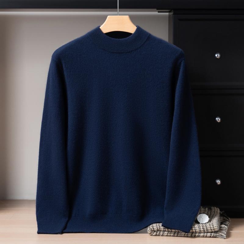 Men's 12-Gauge Double-Layer Cashmere Mock Neck Sweater, Long-Sleeved, Versatile Business Casual, Warm Knitted Base Layer