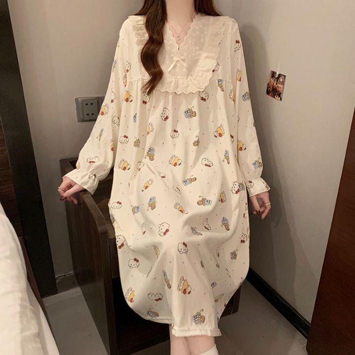 Женская ночная рубашка из французского хлопкового кружева с цветочным принтом, длинными рукавами, в осеннем стиле. Medium