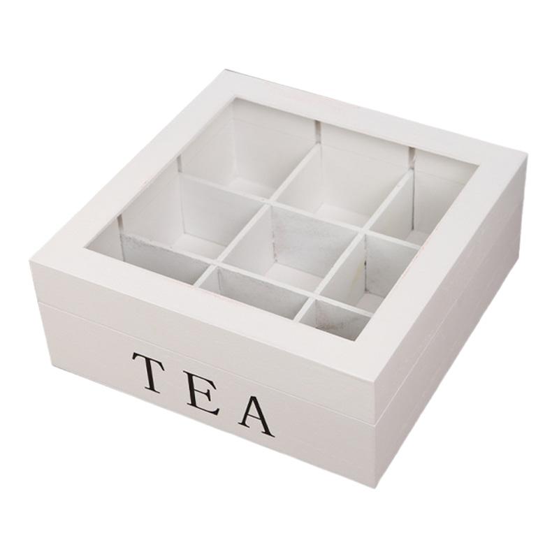

Wooden Tea and Coffee Storage Box with Lid - 9 Compartments Organizer for Teabags Coffee Pods Teacup Infusers or Jewelry Storage білий