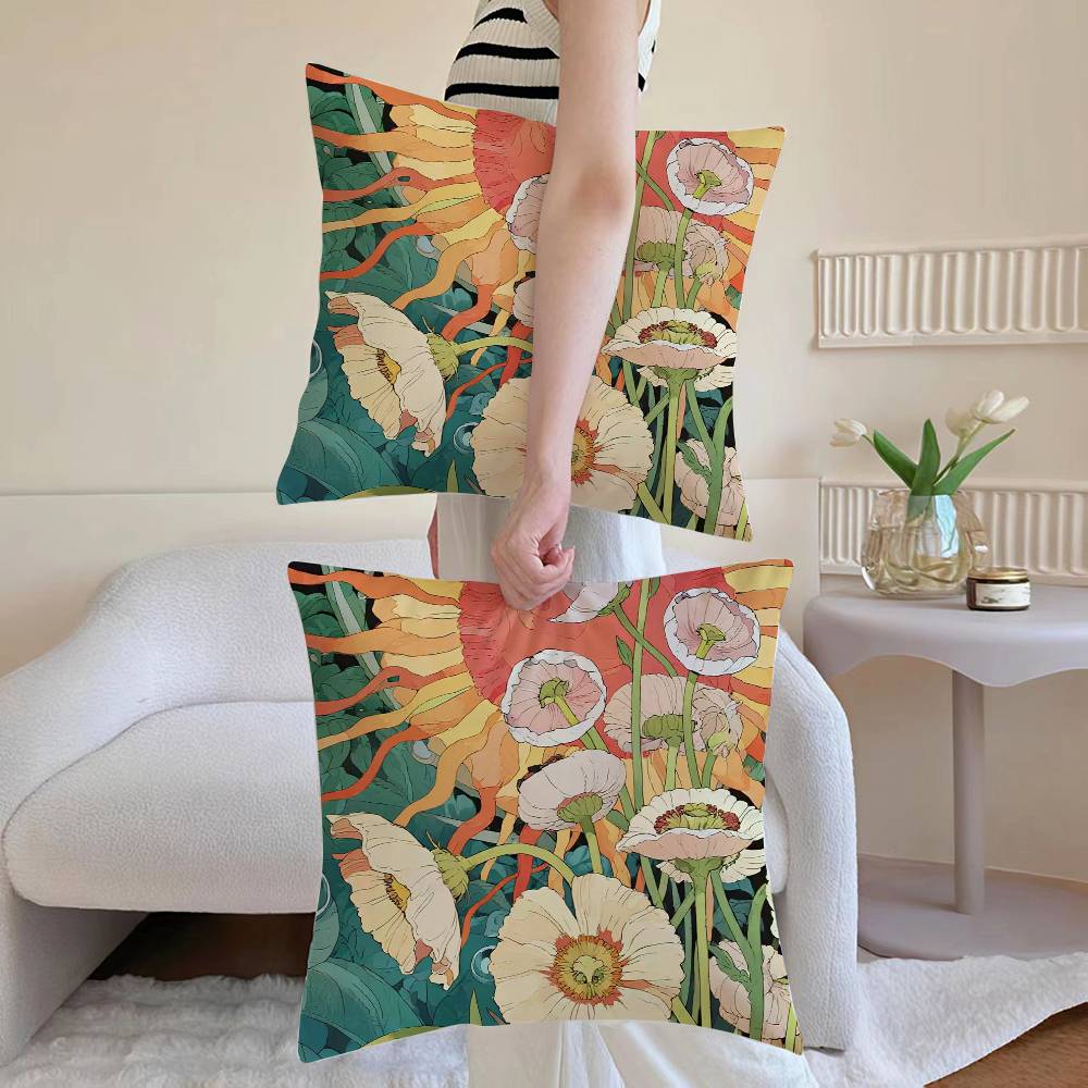 Painted Flowers Pillow Case Sofa and Living Room Decorative Cushion Covers Dust-proof and Mite-proof Invisible Zipper